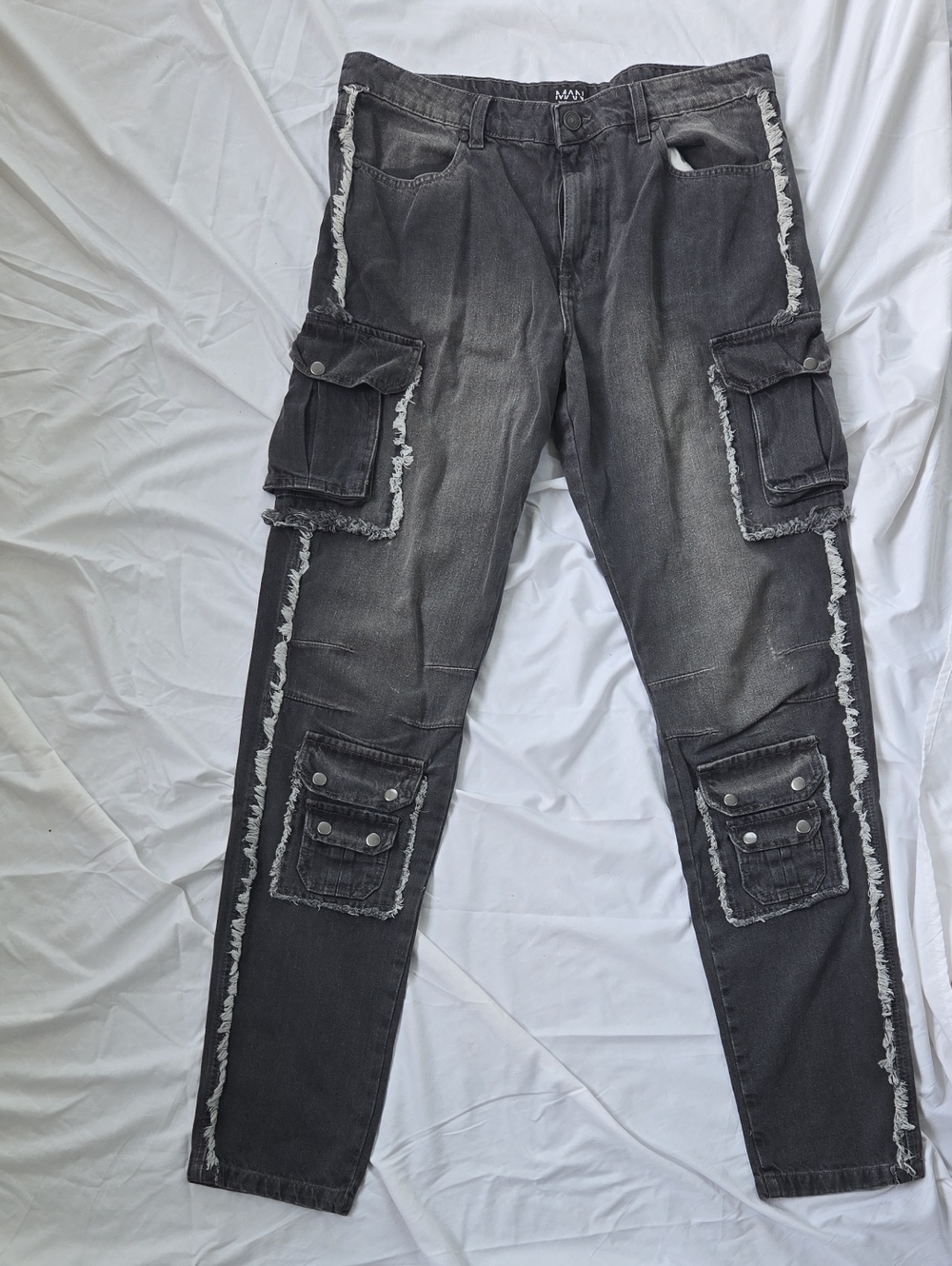 Men's Multipocket Cargo Jeans In A Grey/Black, BoohooMan, 36R, 100% Cotton, L33